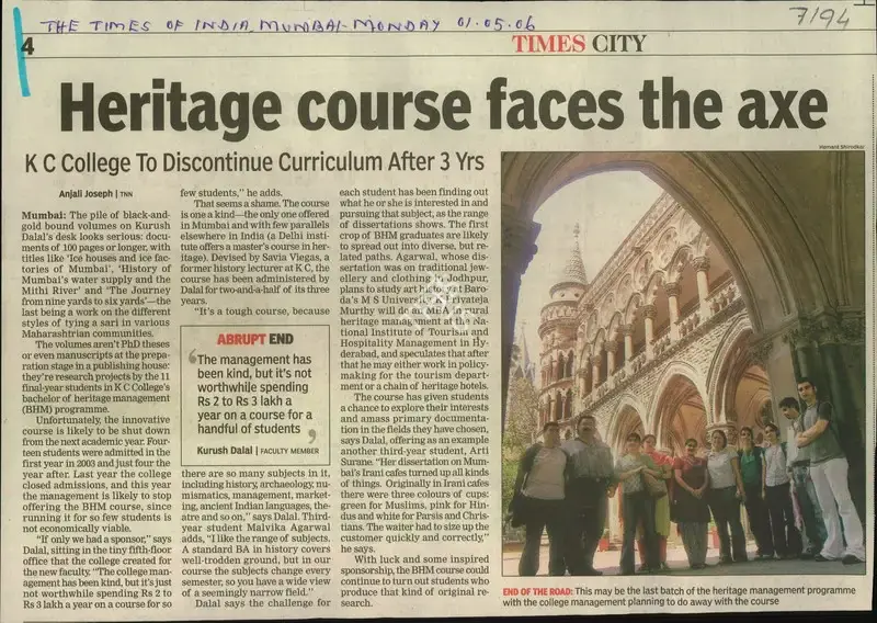 Anjali Joseph (Reporter), Heritage Course Faces the Axe, 2006, Newspaper Clipping