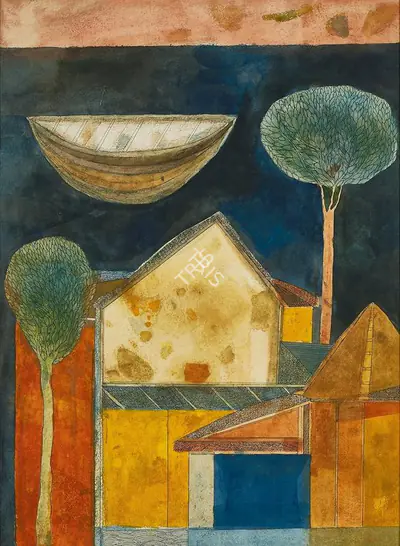 Badri Narayan (Artist), Boat and house, 2005, Painting