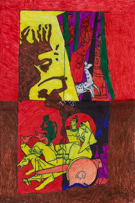 Husain, M.F. (Artist). Untitled (Ramayana). Felt tip pen and pastel on paper, n.d. | Painting | FineArts | 00416399
