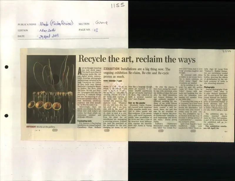 Rana Siddiqui Zaman (Reporter), Recycle the Art, Reclaim the Ways, 2009, Newspaper Clipping