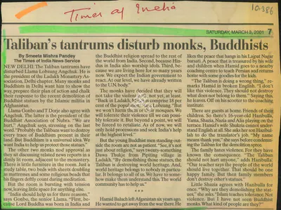 Smeeta Mishra Pandey (Reporter), Taliban's Tantrums Disturb Monks, Buddhists, 2001, Newspaper Clipping