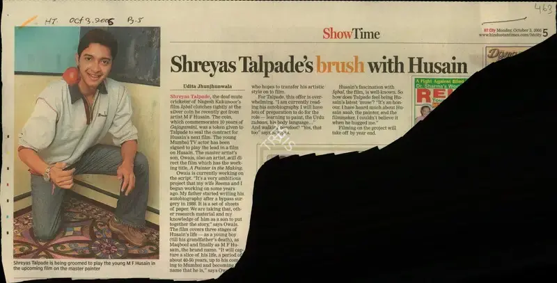 Udita Jhunjhunwala (Reporter), Shreyas Talpade's Brush with Hussain, 2005, Newspaper Clipping