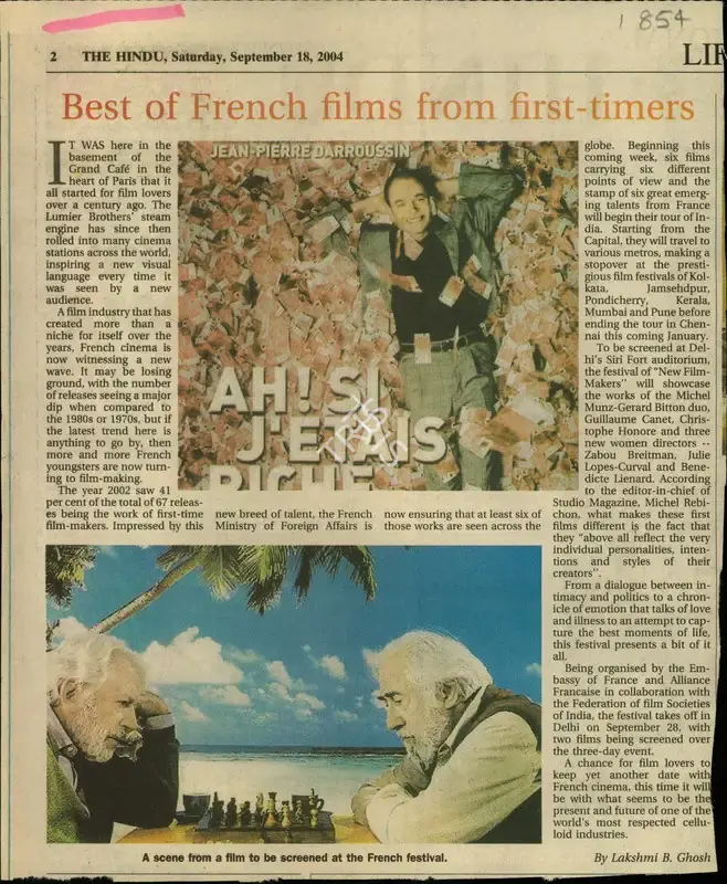 Lakshmi B. Ghosh (Reporter), Best of French films from first-timers, 2004, Newspaper Clipping