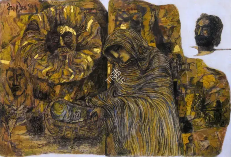 Arup Das (Artist), Mahabharat Sun God, Kunthi And Karan, 1994, Painting