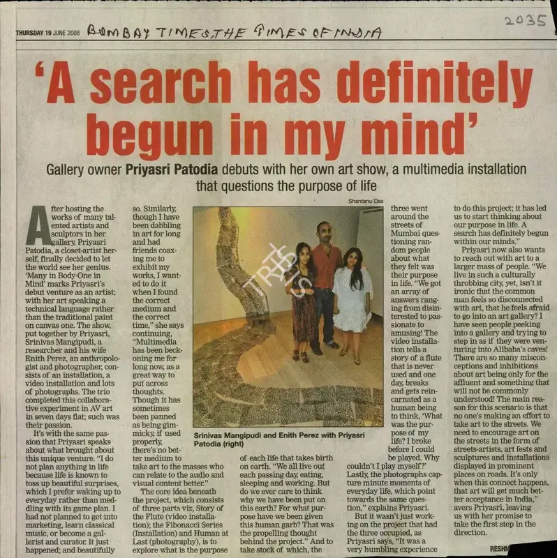Reshma S. Kulkarni (Reporter), A Search Has Definitely Begun in My Mind, 2008, Newspaper Clipping