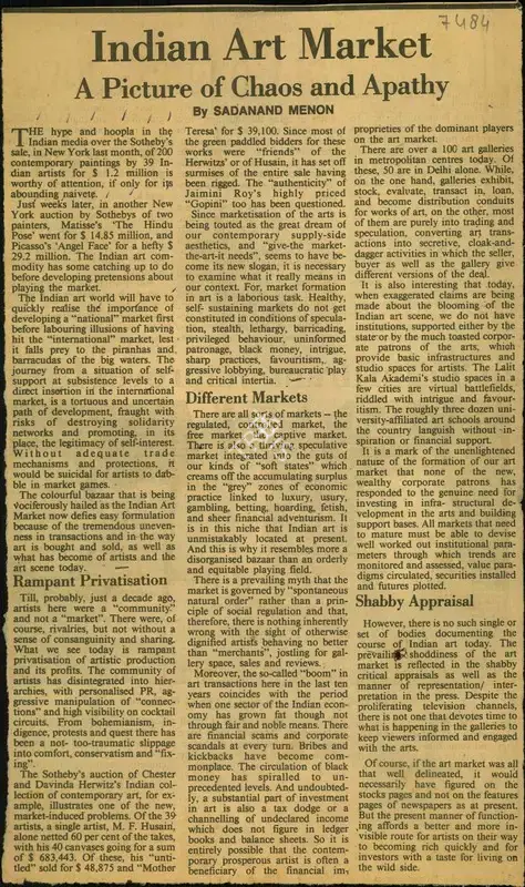 Sadanand Menon (Reporter), Indian Art Market, Newspaper Clipping