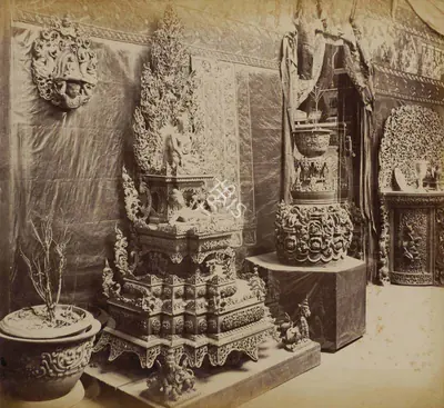 Shew Shankar Narayan (Photographer), Buddha's Shrine and Flower pots modelled in clay - Burmese Court, 1883, Antiquarian Photograph