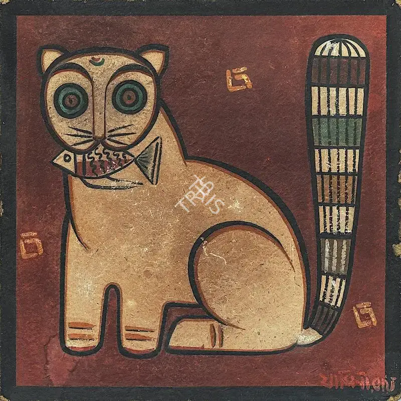 Jamini Roy (Artist), Cat with Fish, 1951, Painting