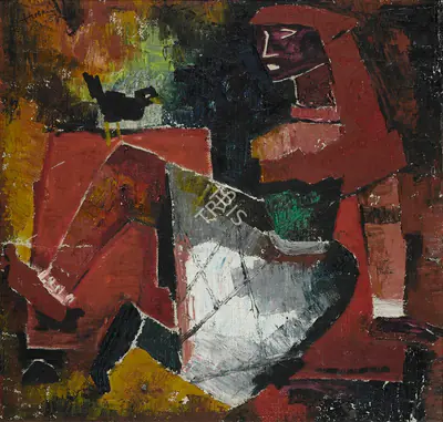M.F. Husain (Artist), Untitled (Girl with Bird), 1954, Painting