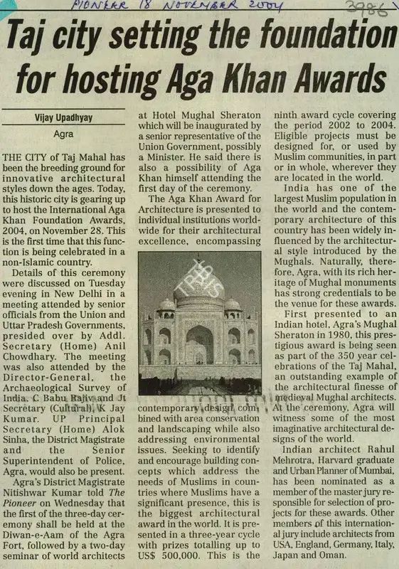 Vijay Upadhyay (Reporter), Taj City Setting The Foundation For Hosting Aga Khan Awards, 2004, Newspaper Clipping