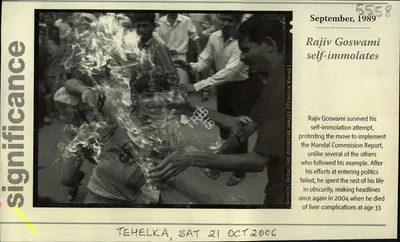Rajiv Goswami Self-Immolates, 2006, Newspaper Clipping