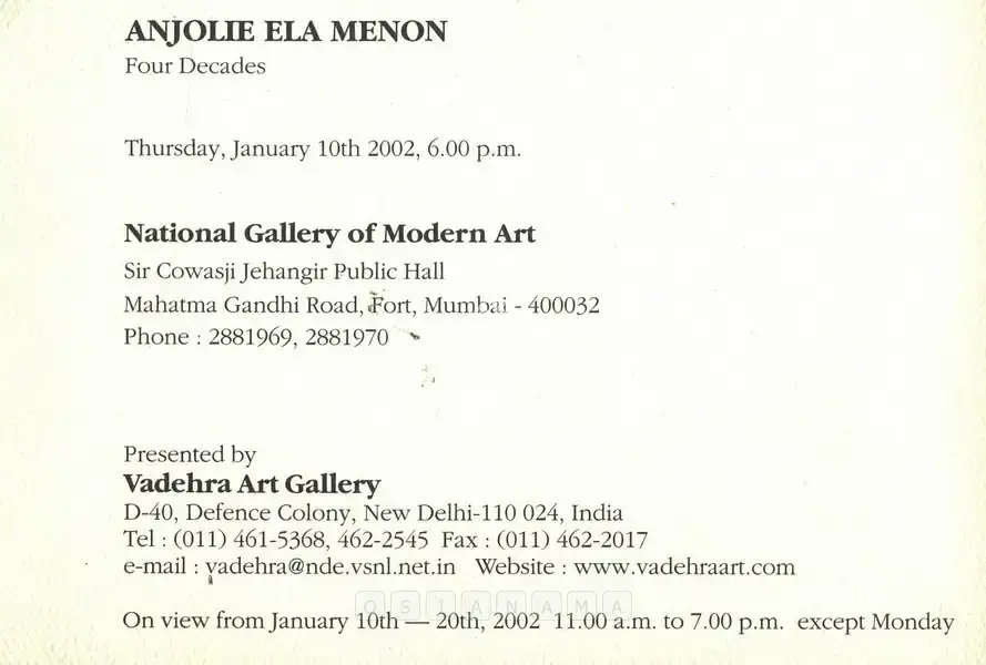 Anjolie Ela Menon (Artist), Anjolie Ela Menon, 2002, Solo Exhibition Invitation