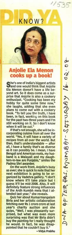 Vidya Prabhu (Writer), Anjolie Ela Menon Cooks Up a Book!, 2008, Newspaper clipping