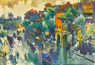 S.H. Raza (Artist), Untitled (View of Bombay), 1949, Painting