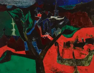 S.H. Raza (Artist), Untitled (Village dans up Paysage), 1955, Painting