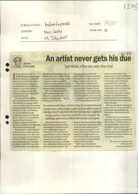 Akbar Padamsee (Writer), An Artist never Gets his Due, 2009, Newspaper Clipping