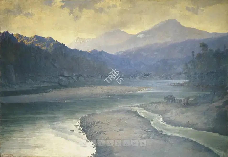 Gangooly, J.P. (Artist). Mountain Riverscape With Bears, 1928 | Painting, He.Del/28.11.99, 1999 · HEART