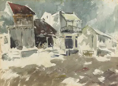 S.H. Raza (Artist), Untitled (Street Scene), 1947, Painting