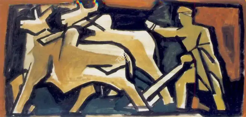 K.S. Kulkarni (Artist), Ploughman with Two Bulls, Painting