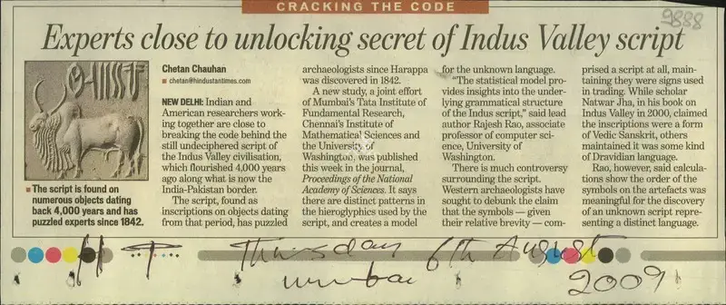 Chetan Chauhan (Writer), Experts Close to Unlocking Secret of Indus Valley Script, 2009, Newspaper Clipping