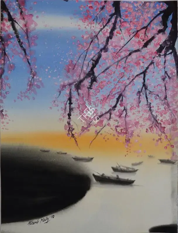Paresh Maity (Artist), Cherry Blossoms and Fishing Boats, 2010, Painting