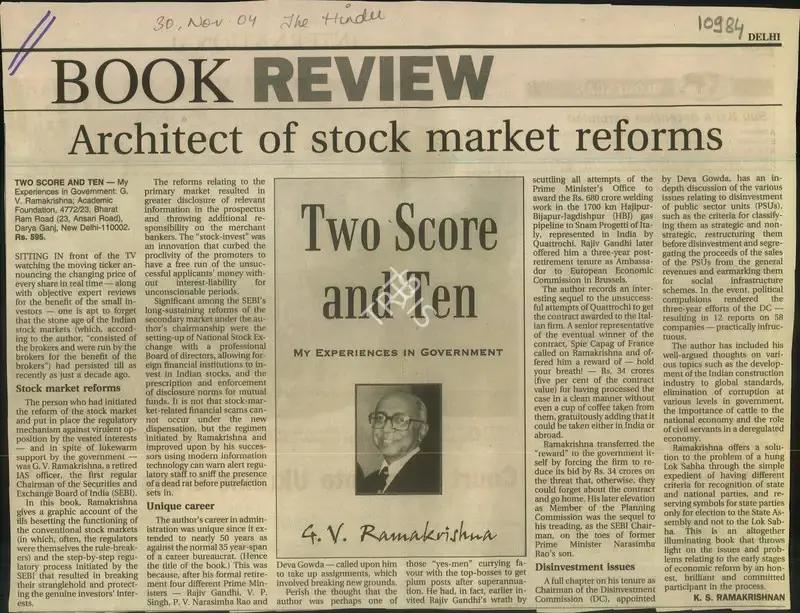 K.S. Ramakrishnan (Reporter), Architect of Stock Market Reforms, 2004, Newspaper Clipping