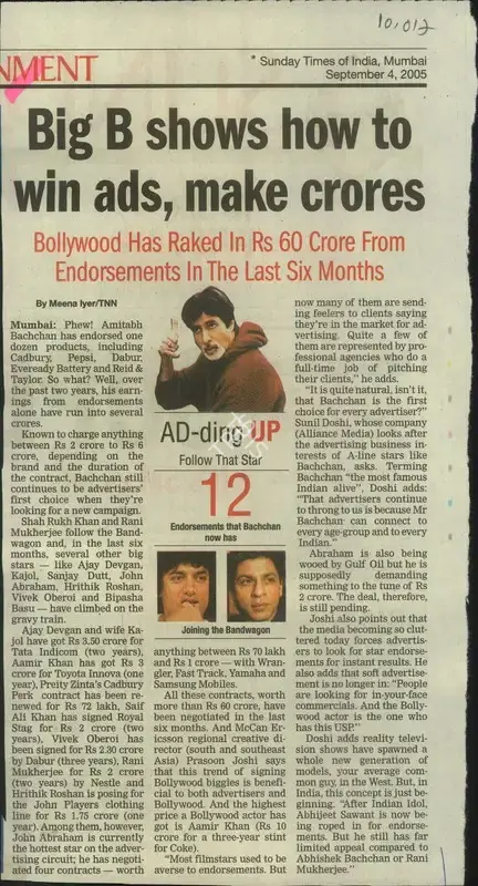Meena Iyer (Reporter), Big B Shows how to win ads, make Crores, 2005, Newspaper Clipping