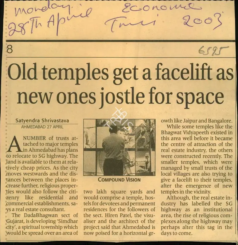 Satyendra Shrivastava (Reporter), Old Temples get a Facelift as new ones jostle for space, 2003, Newspaper Clipping