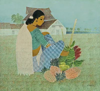 Bendre, N.S. (Artist). Woman Selling Fruits, 1986 | Painting, AG.Mum/23.08.17, 2017 · Asta Guru