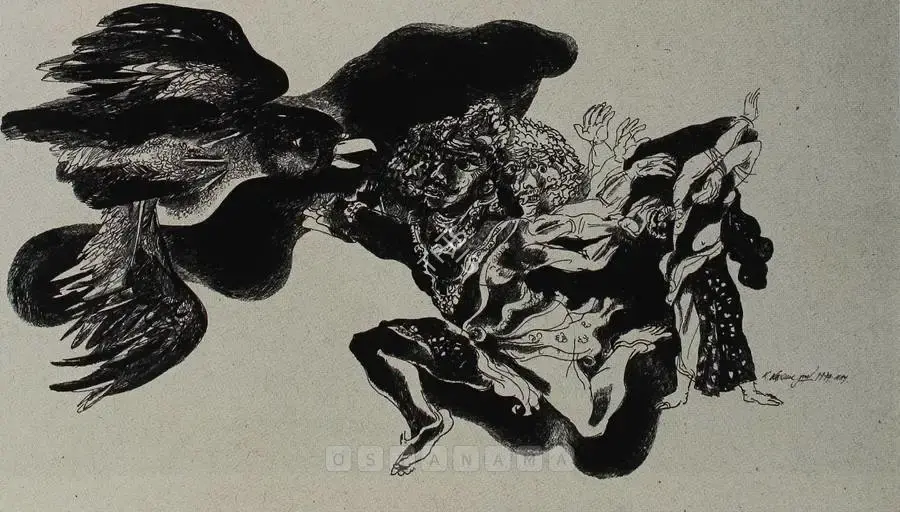 K. Laxma Goud (Artist), Untitled (Ravana And Jatayu), 1974, Drawing