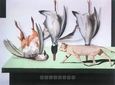 Shibu Natesan (Artist), Dead Birds And A Cat, 2003, Painting