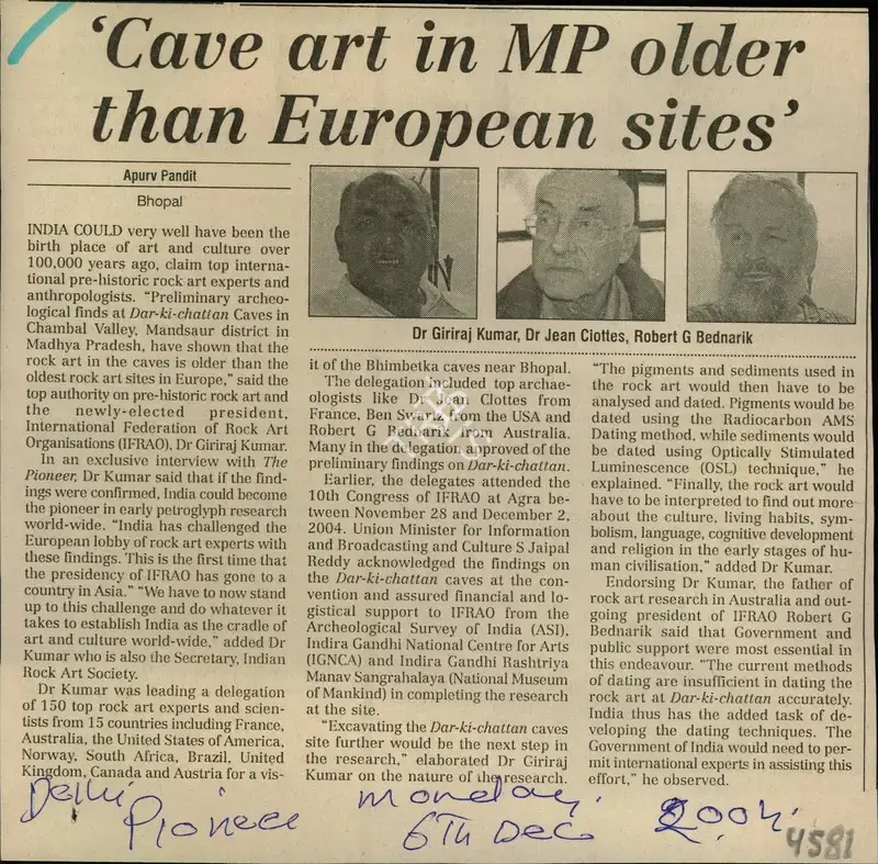Apurv Pandit (Reporter), Cave art in MP older than European Sites, 2004, Newspaper Clipping
