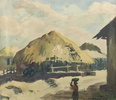 S.H. Raza (Artist), Huts in a village, 1944, Painting