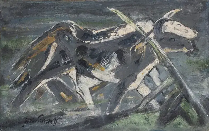 Baij, Ramkinkar (Artist). A Study for 'Ploughing', late 1940s | Painting, Os.Mum/02.12.14, 2014 · Osian's
