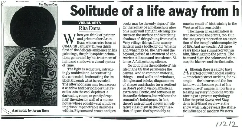 Rita Datta (Writer), Solitude of a Life Away From, Newspaper Clipping