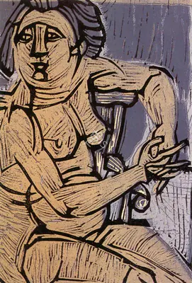 Subramanyan, K.G. (Artist). Nude on Chair. Colour Linocut, 1955 | K.G. Subramanyan, 2003 | Graphic Art | FineArts | 00566320