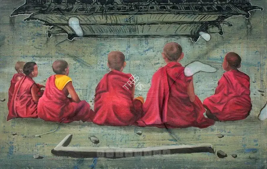 Iranna, G.R. (Artist). Monks with Temple, n.d. | Painting, Sa.Onl/16.05.13, 2013 · Saffronart