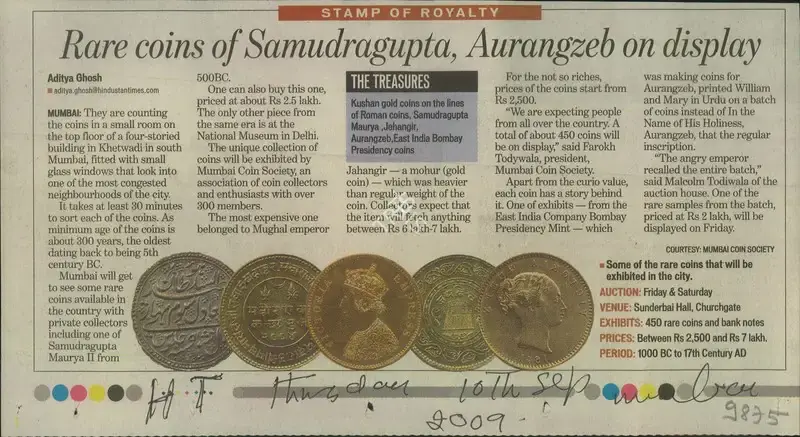 Aditya Ghosh (Reporter), Rare Coins of Samudragupta, Aurangzeb On Display, 2009, Newspaper Clipping