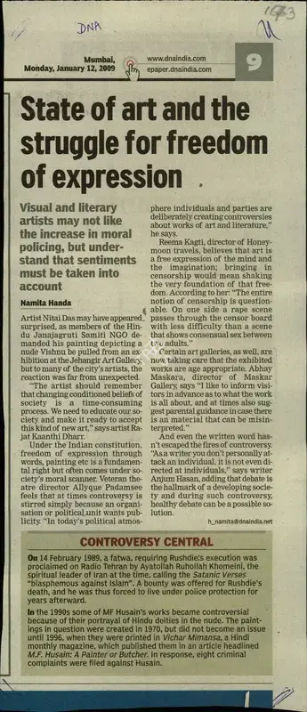 Namita Handa (Reporter), State of art and the freedom of struggle for freedom of expression, 2009, Newspaper Clipping