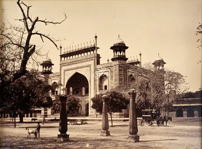 Lala Deen Dayal (Photographer), Three old lantern posts (without the lanterns on top) in the north-eastern quadrangle to the south of the main gate to the Taj Mahal, Agra, 1880, Antiquarian Photograph