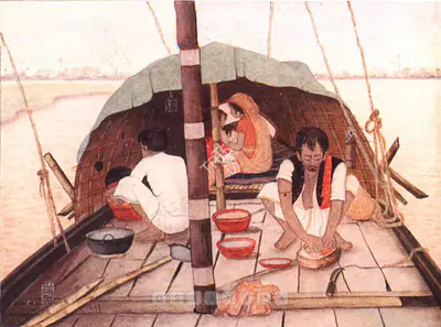 Ajit Gupta (Artist), A Houseboat Family, 1948, Painting