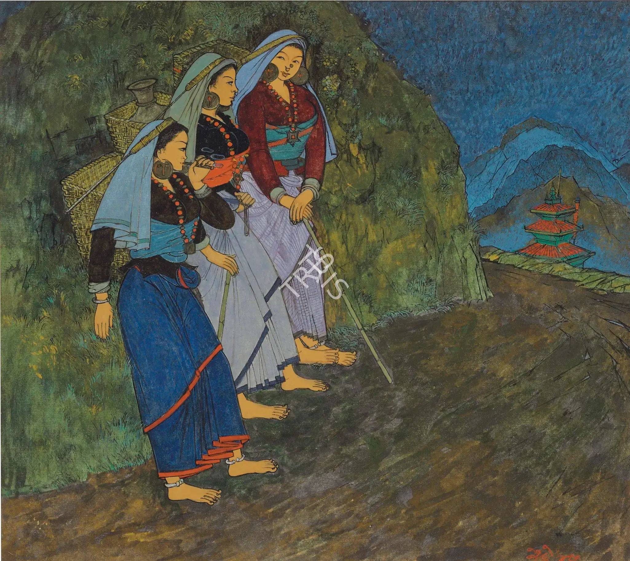 N.S. Bendre (Artist), Darjeeling Cooli Girls, 1947, Painting