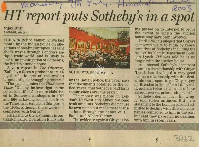 Vijay Dutt (Reporter), HT Report Puts Sotheby's in a Spot, 2003, Newspaper Clipping