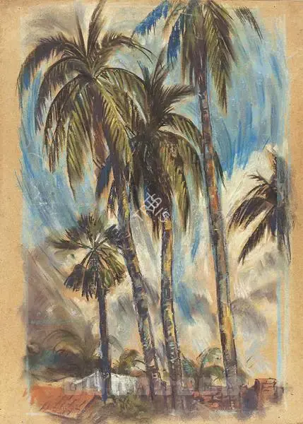 Sailoz Mookherjea (Artist), Palms In Landscape, 1951, Painting