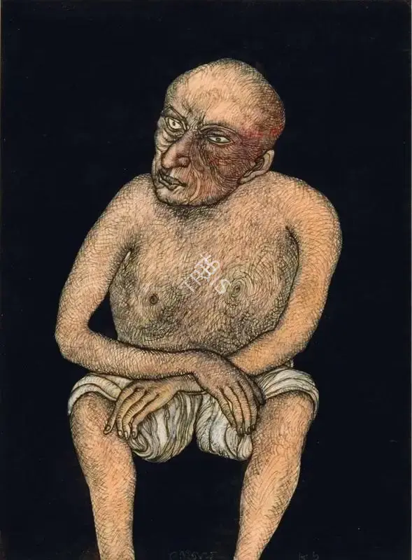 Jogen Chowdhury (Artist), Man Sitting Cross Hands, 1986, Painting