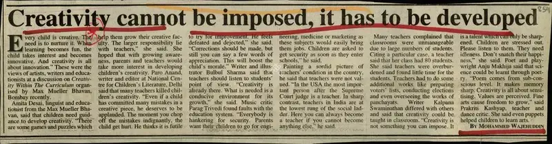 Mohammed Wajehuddin (Reporter), Creativity Cannot be Imposed, It has to be Developed, Newspaper Clipping