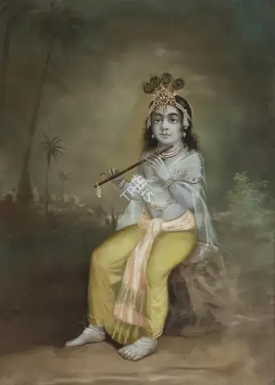 Ustad Allah Bukhsh (Artist), Untitled (Krishna with Flute Seated on a Rock), Painting