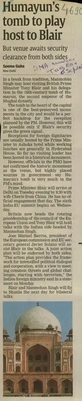 Seema Guha (Reporter), Humayun's Tomb to Play host to Blair, 2004, Newspaper Clipping