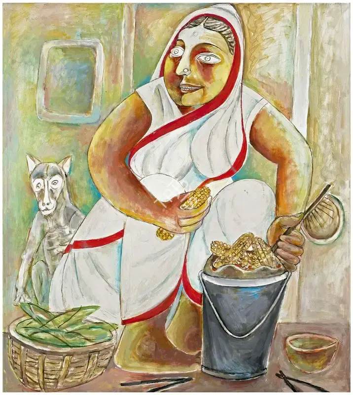 Sen, Paritosh (Artist). Woman Selling Corn, 2004 | Painting, AG.Onl/28.06.20, 2020 · Asta Guru