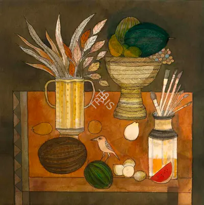 Badri Narayan (Artist), Still Life with Bird and Brushes, 1995, Drawing